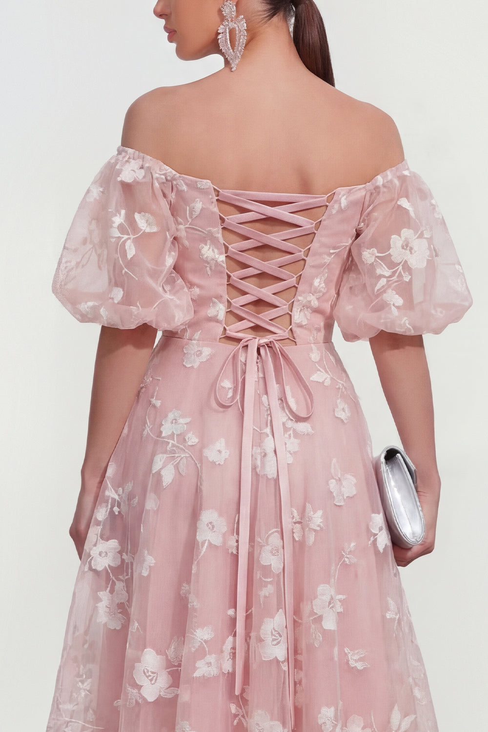 Puff Sleeves Apricot A Line Floral Ruched Maxi Wedding Guest Dress