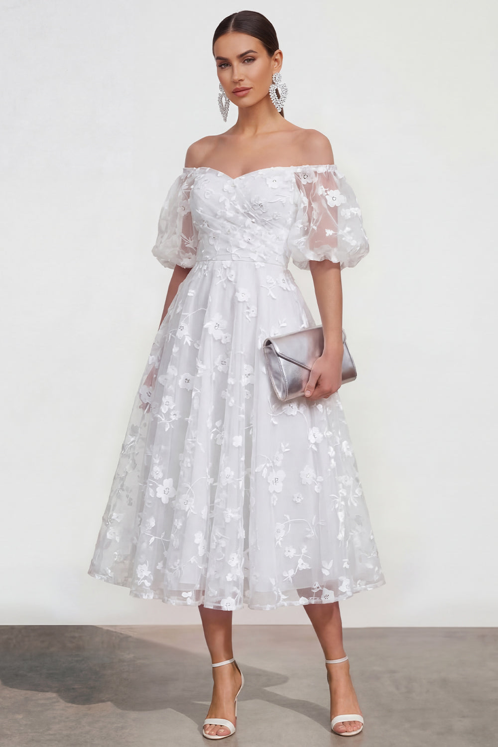 Puff Sleeves Apricot A Line Floral Ruched Maxi Wedding Guest Dress