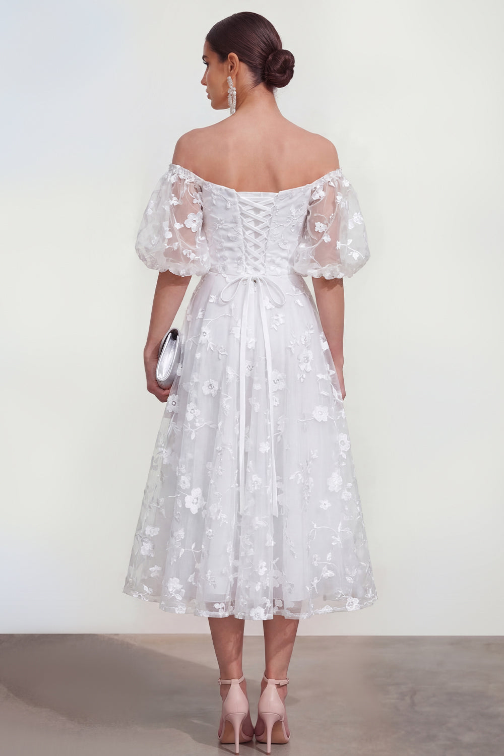 Puff Sleeves Apricot A Line Floral Ruched Maxi Wedding Guest Dress