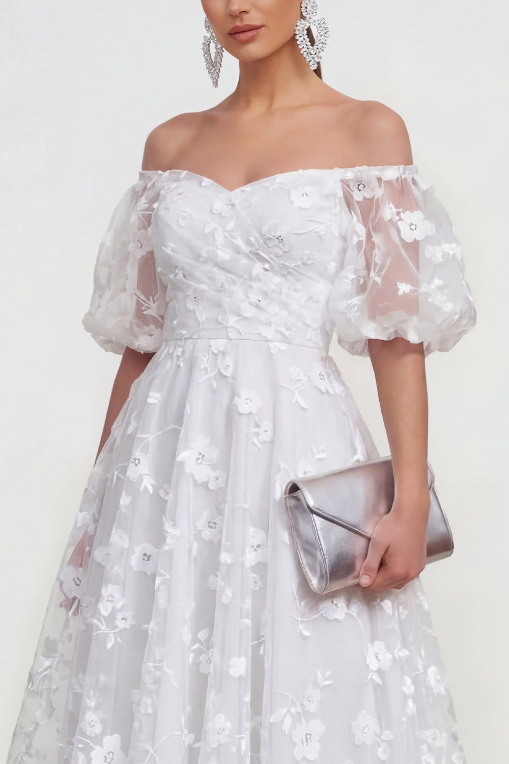 Puff Sleeves Apricot A Line Floral Ruched Maxi Wedding Guest Dress