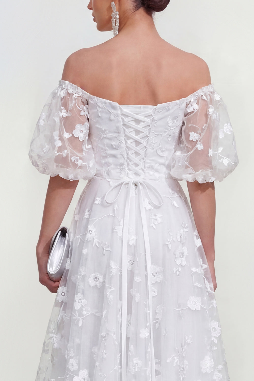 Puff Sleeves Apricot A Line Floral Ruched Maxi Wedding Guest Dress