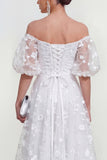 Puff Sleeves Apricot A Line Floral Ruched Maxi Wedding Guest Dress