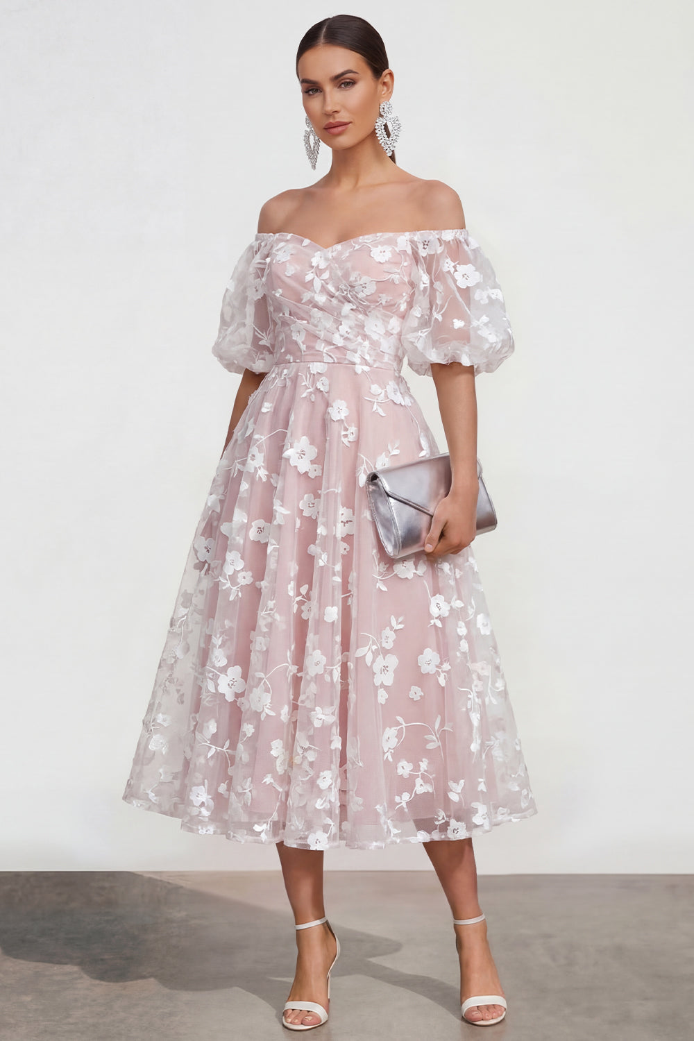 Puff Sleeves Apricot A Line Floral Ruched Maxi Wedding Guest Dress