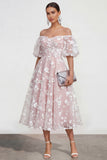 Puff Sleeves Apricot A Line Floral Ruched Maxi Wedding Guest Dress