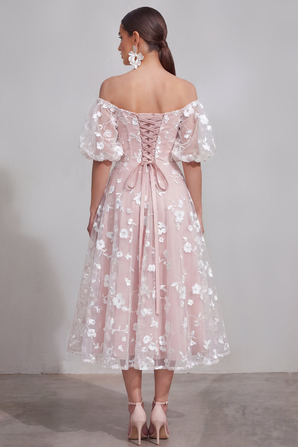 Puff Sleeves Apricot A Line Floral Ruched Maxi Wedding Guest Dress
