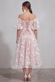Puff Sleeves Apricot A Line Floral Ruched Maxi Wedding Guest Dress