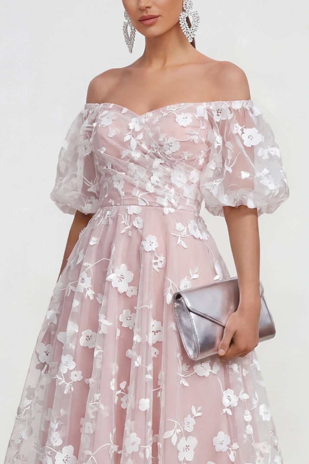 Puff Sleeves Apricot A Line Floral Ruched Maxi Wedding Guest Dress