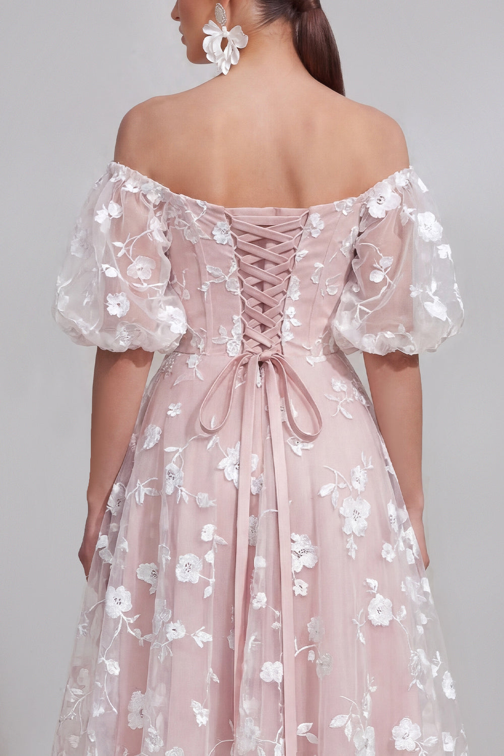 Puff Sleeves Apricot A Line Floral Ruched Maxi Wedding Guest Dress