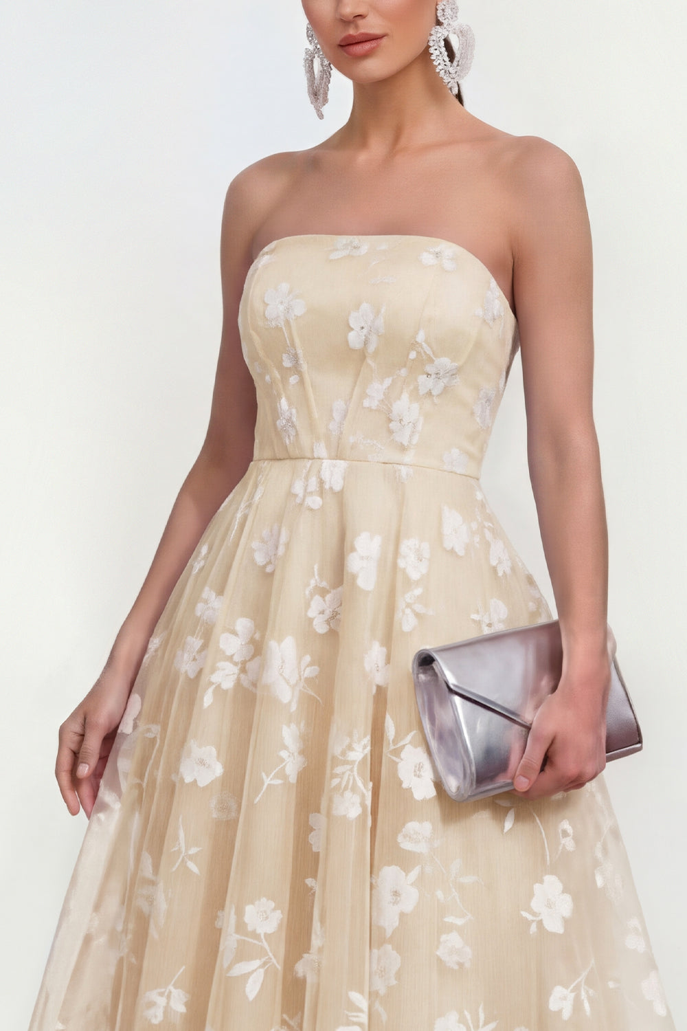 Strapless Corset Lilac A Line Floral Maxi Wedding Guest Dress
