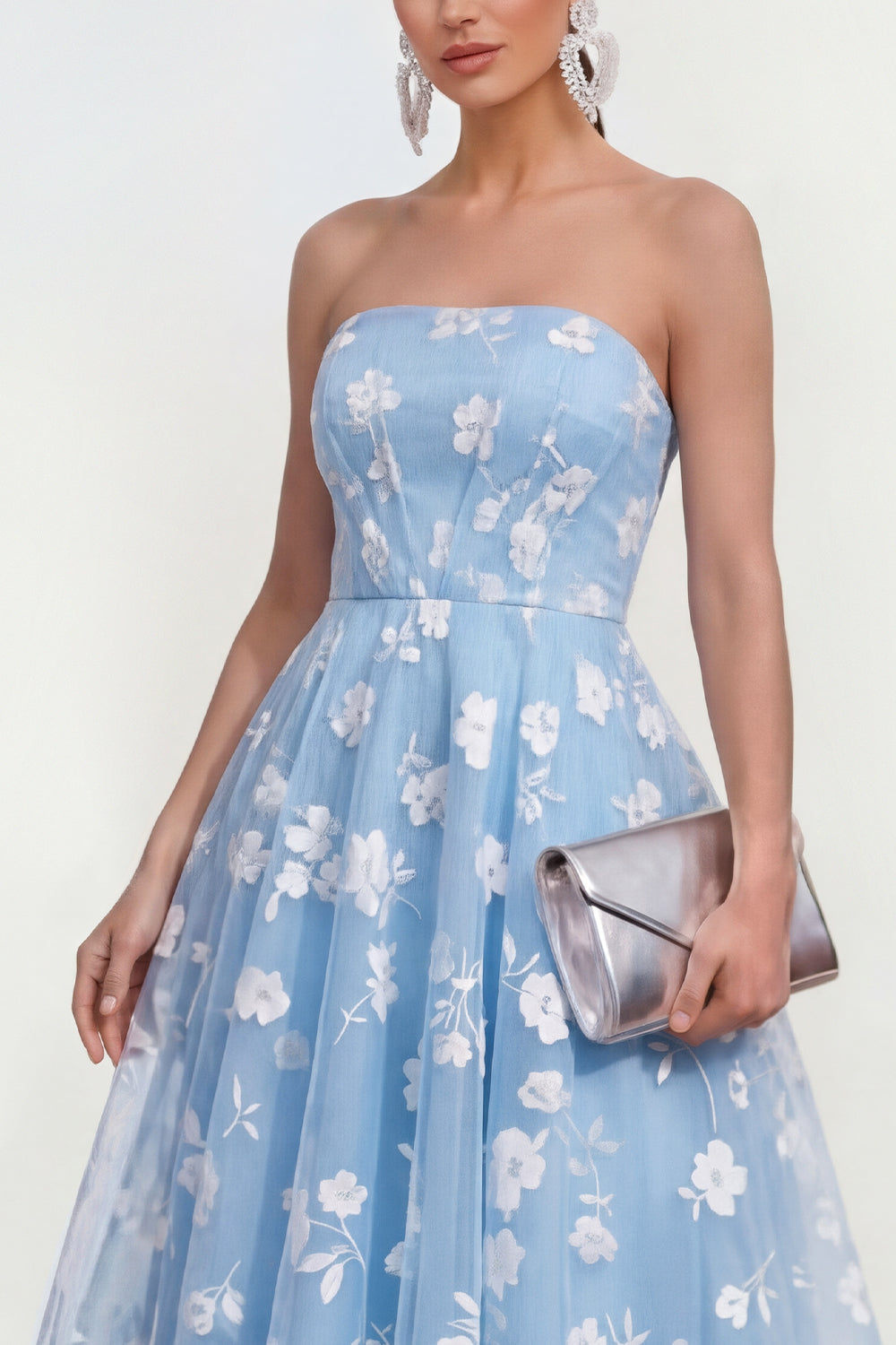 Strapless Corset Lilac A Line Floral Maxi Wedding Guest Dress