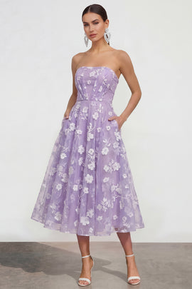 Strapless Corset Lilac A Line Floral Maxi Wedding Guest Dress