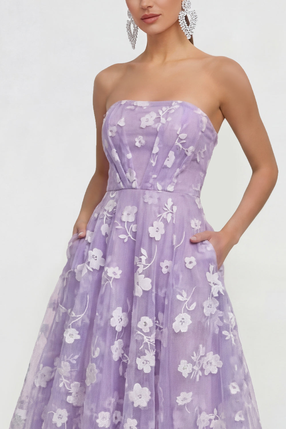 Strapless Corset Lilac A Line Floral Maxi Wedding Guest Dress