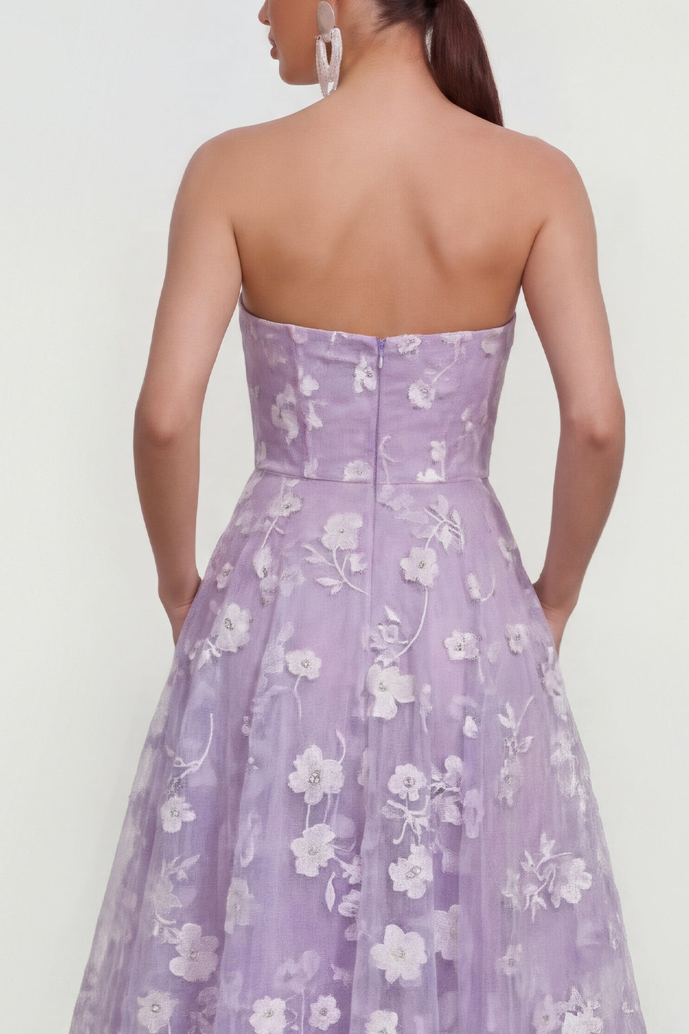 Strapless Corset Lilac A Line Floral Maxi Wedding Guest Dress