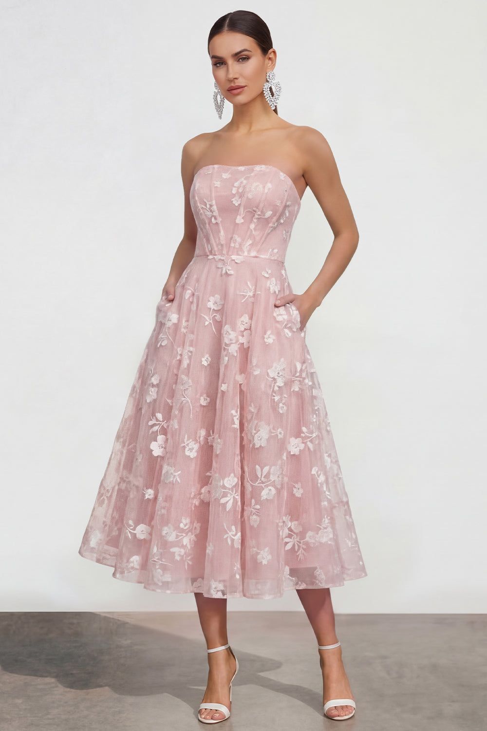 Strapless Corset Lilac A Line Floral Maxi Wedding Guest Dress