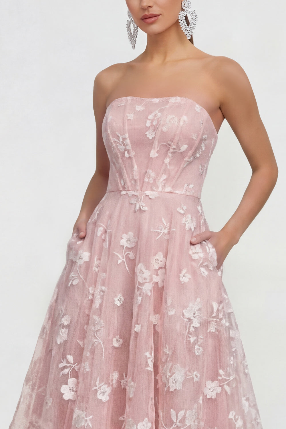 Strapless Corset Lilac A Line Floral Maxi Wedding Guest Dress