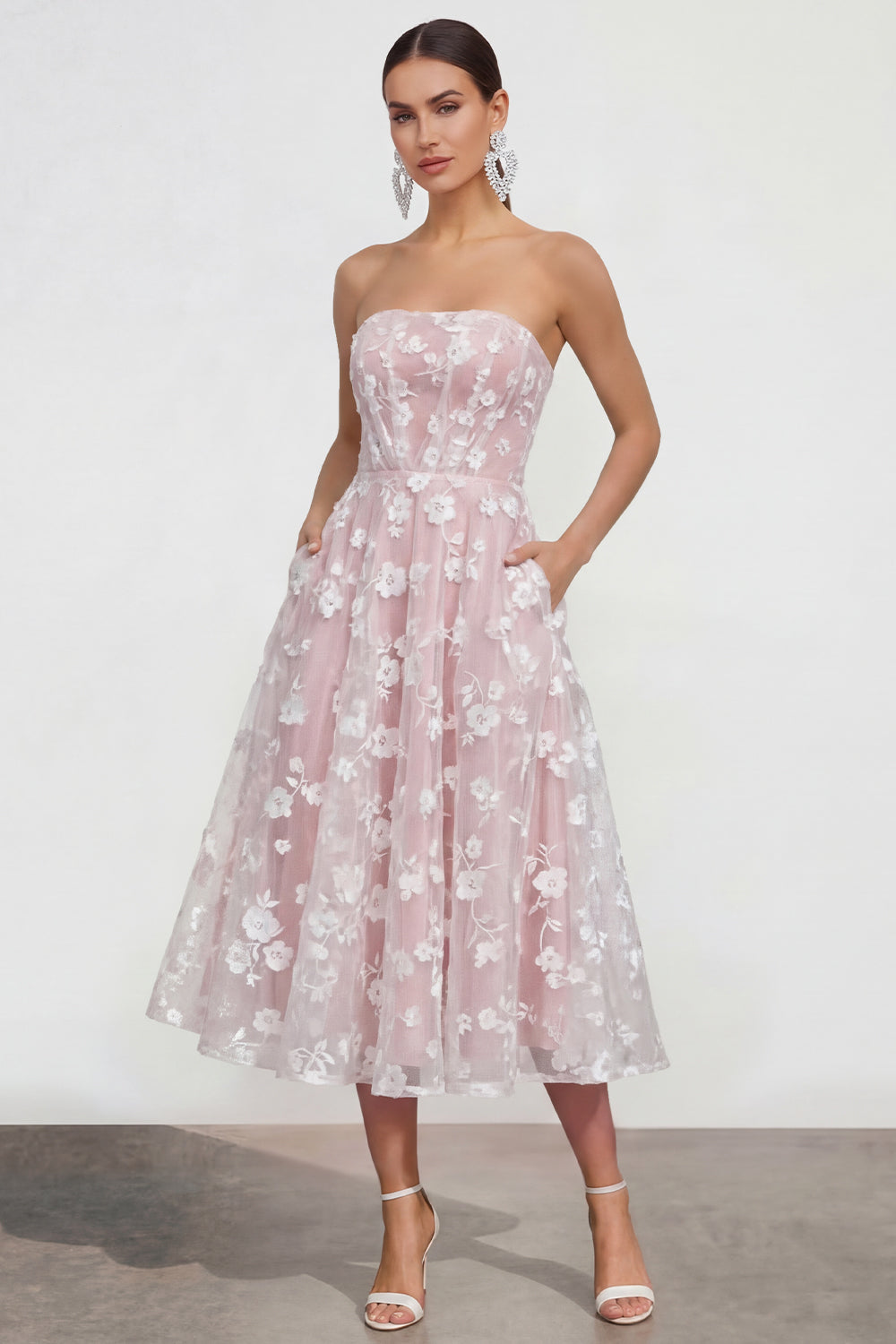 Strapless Corset Lilac A Line Floral Maxi Wedding Guest Dress
