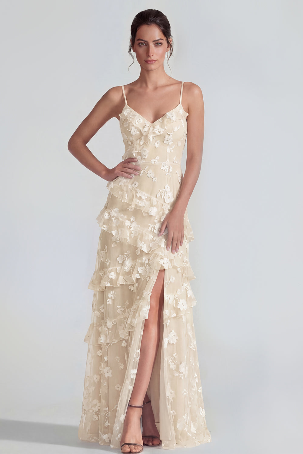 Spaghetti Straps Blue A Line Floral Maxi Wedding Guest Dress with Ruffles