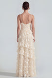 Spaghetti Straps Blue A Line Floral Maxi Wedding Guest Dress with Ruffles