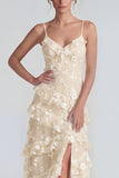 Spaghetti Straps Blue A Line Floral Maxi Wedding Guest Dress with Ruffles