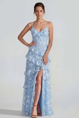 Spaghetti Straps Blue A Line Floral Maxi Wedding Guest Dress with Ruffles
