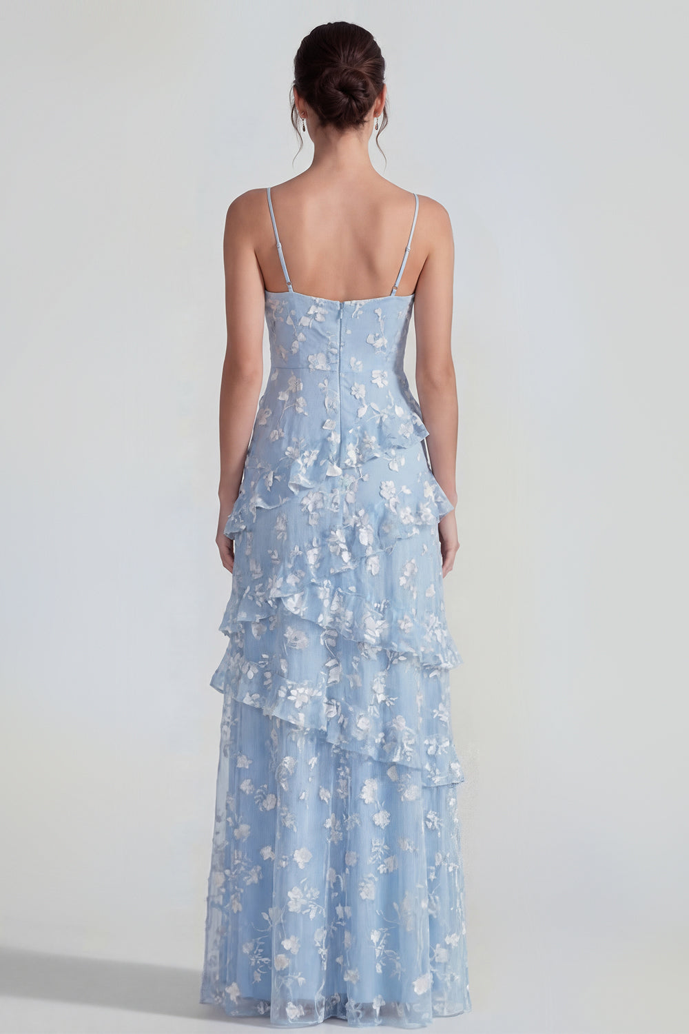 Spaghetti Straps Blue A Line Floral Maxi Wedding Guest Dress with Ruffles
