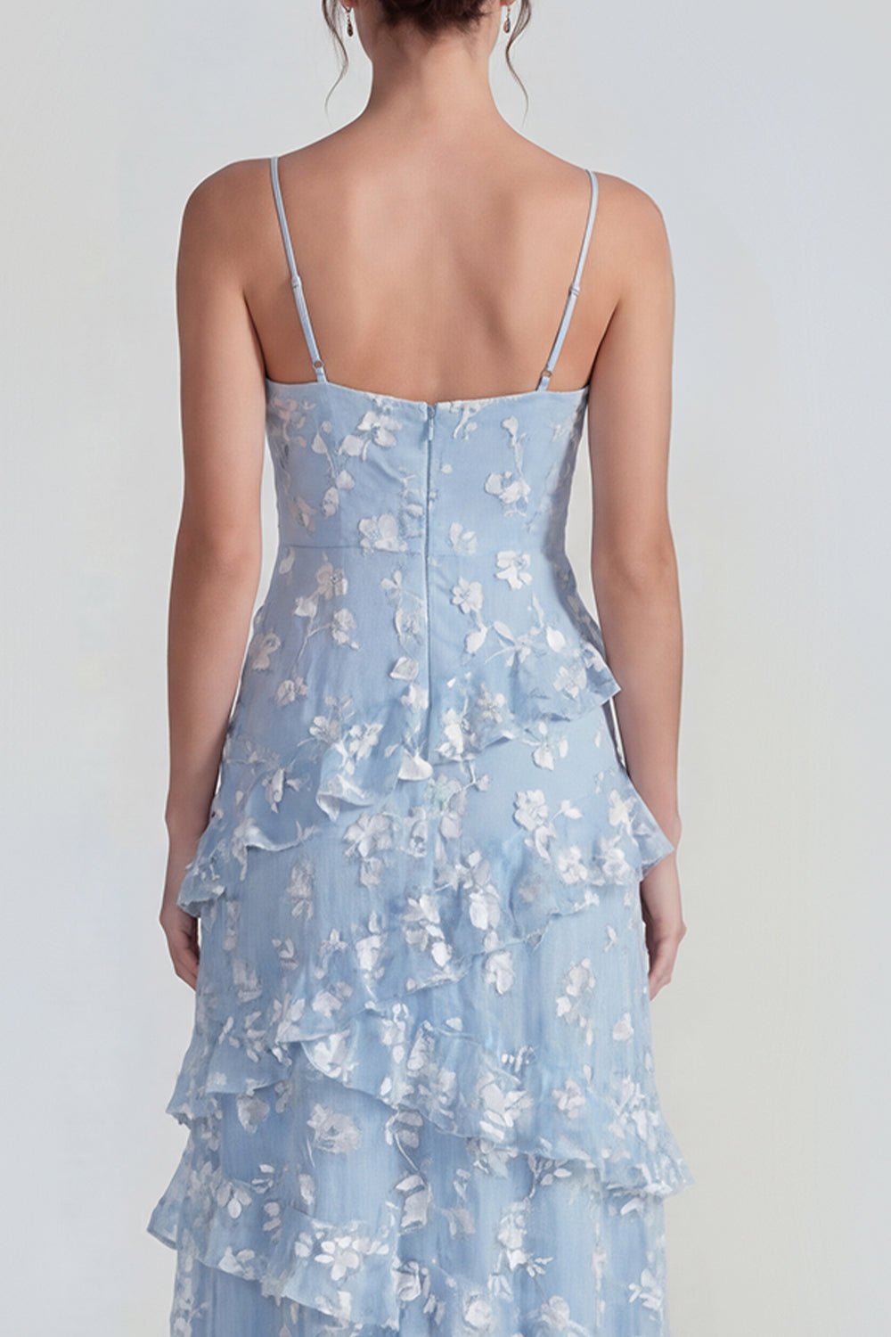 Spaghetti Straps Blue A Line Floral Maxi Wedding Guest Dress with Ruffles