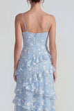 Spaghetti Straps Blue A Line Floral Maxi Wedding Guest Dress with Ruffles