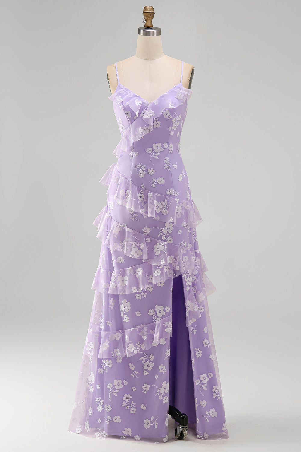 Spaghetti Straps Blue A Line Floral Maxi Wedding Guest Dress with Ruffles