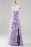 Spaghetti Straps Blue A Line Floral Maxi Wedding Guest Dress with Ruffles