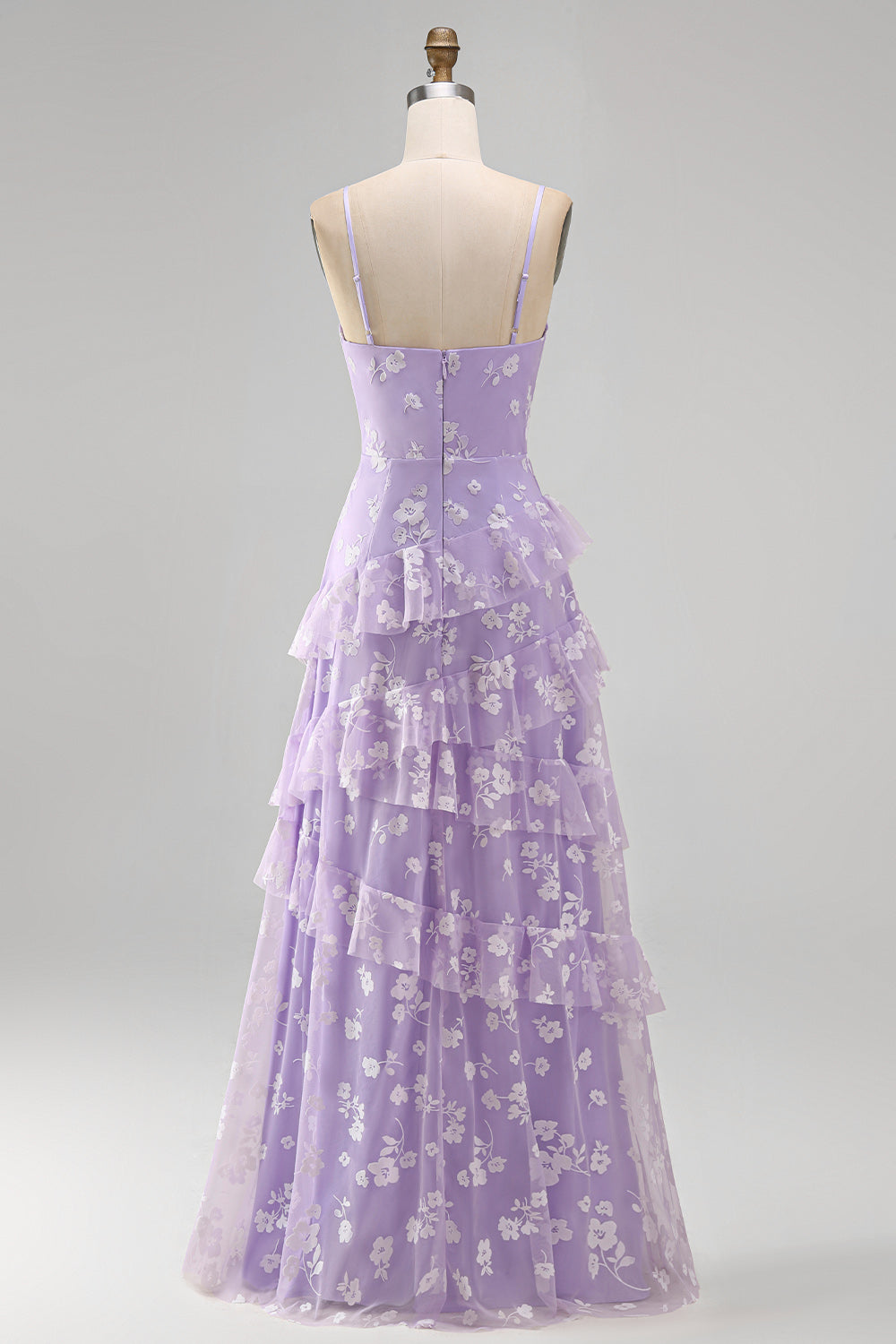 Spaghetti Straps Blue A Line Floral Maxi Wedding Guest Dress with Ruffles