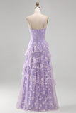 Spaghetti Straps Blue A Line Floral Maxi Wedding Guest Dress with Ruffles