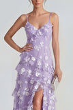 Spaghetti Straps Blue A Line Floral Maxi Wedding Guest Dress with Ruffles