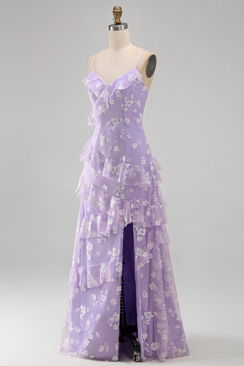 Spaghetti Straps Blue A Line Floral Maxi Wedding Guest Dress with Ruffles