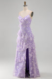 Spaghetti Straps Blue A Line Floral Maxi Wedding Guest Dress with Ruffles
