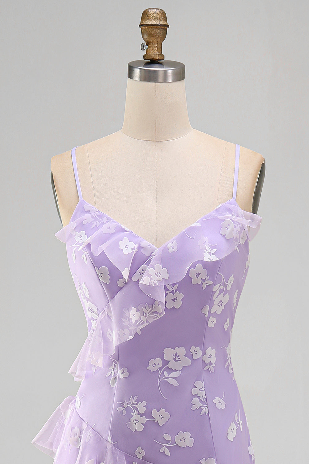 Spaghetti Straps Blue A Line Floral Maxi Wedding Guest Dress with Ruffles