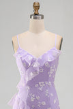 Spaghetti Straps Blue A Line Floral Maxi Wedding Guest Dress with Ruffles