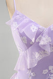 Spaghetti Straps Blue A Line Floral Maxi Wedding Guest Dress with Ruffles