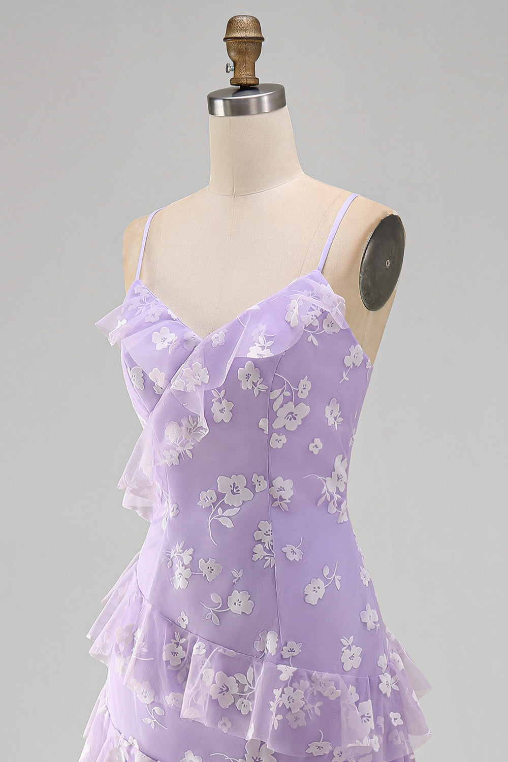 Spaghetti Straps Blue A Line Floral Maxi Wedding Guest Dress with Ruffles