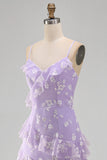 Spaghetti Straps Blue A Line Floral Maxi Wedding Guest Dress with Ruffles