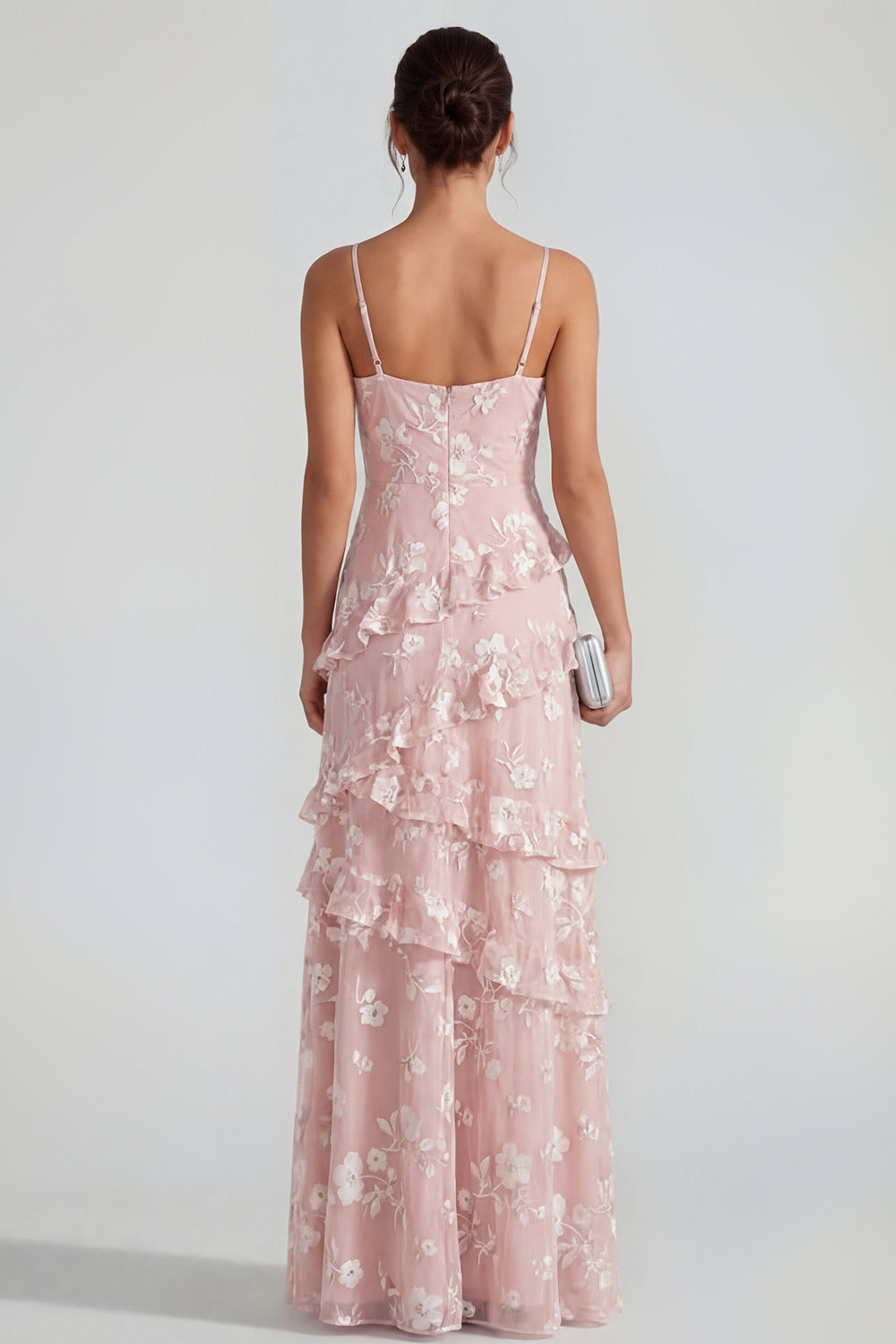 Spaghetti Straps Blue A Line Floral Maxi Wedding Guest Dress with Ruffles