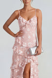 Spaghetti Straps Blue A Line Floral Maxi Wedding Guest Dress with Ruffles