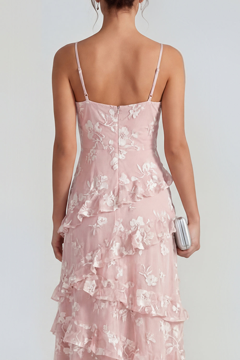 Spaghetti Straps Blue A Line Floral Maxi Wedding Guest Dress with Ruffles