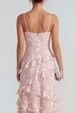 Spaghetti Straps Blue A Line Floral Maxi Wedding Guest Dress with Ruffles