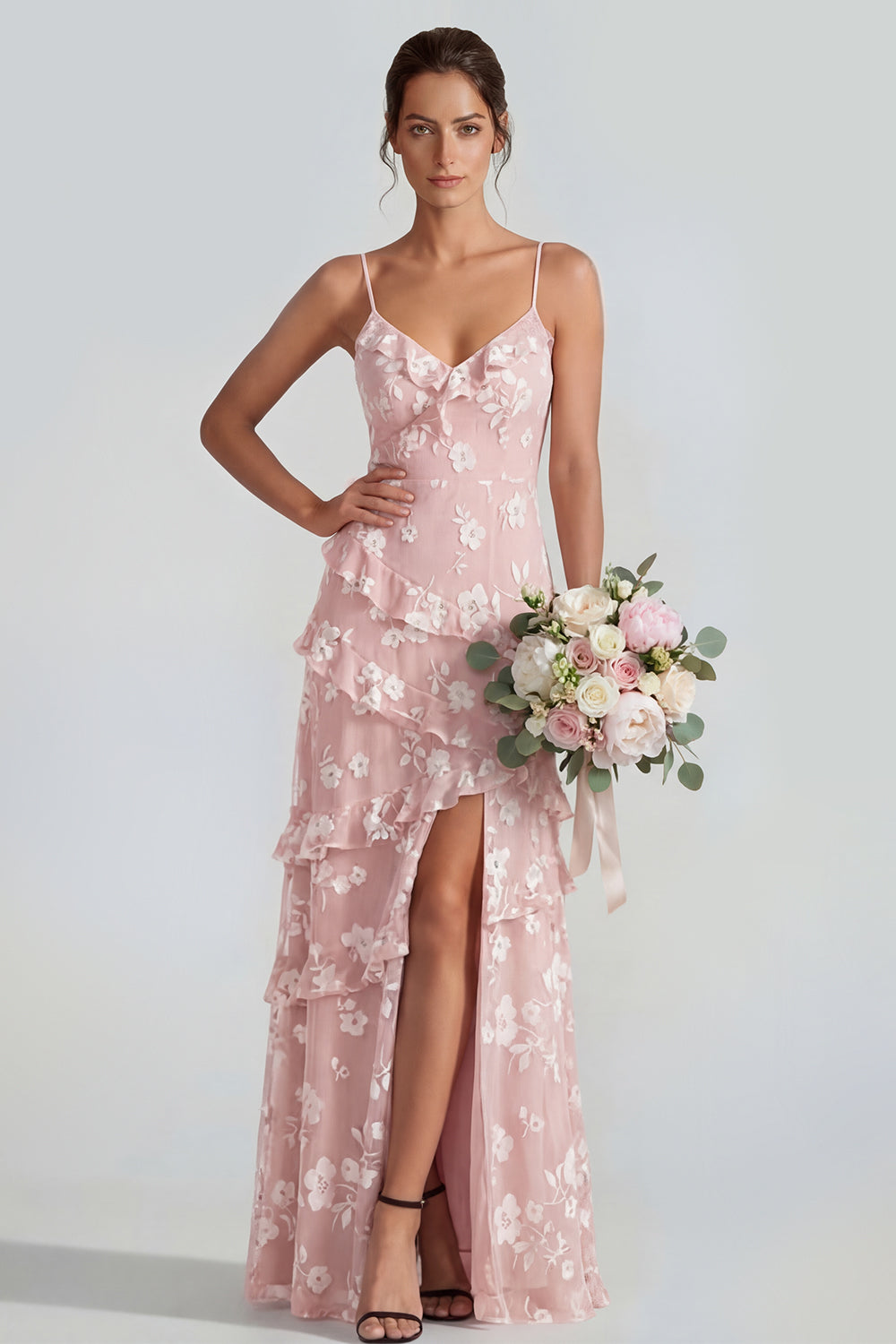 Spaghetti Straps Blue A Line Floral Maxi Wedding Guest Dress with Ruffles