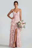Spaghetti Straps Blue A Line Floral Maxi Wedding Guest Dress with Ruffles
