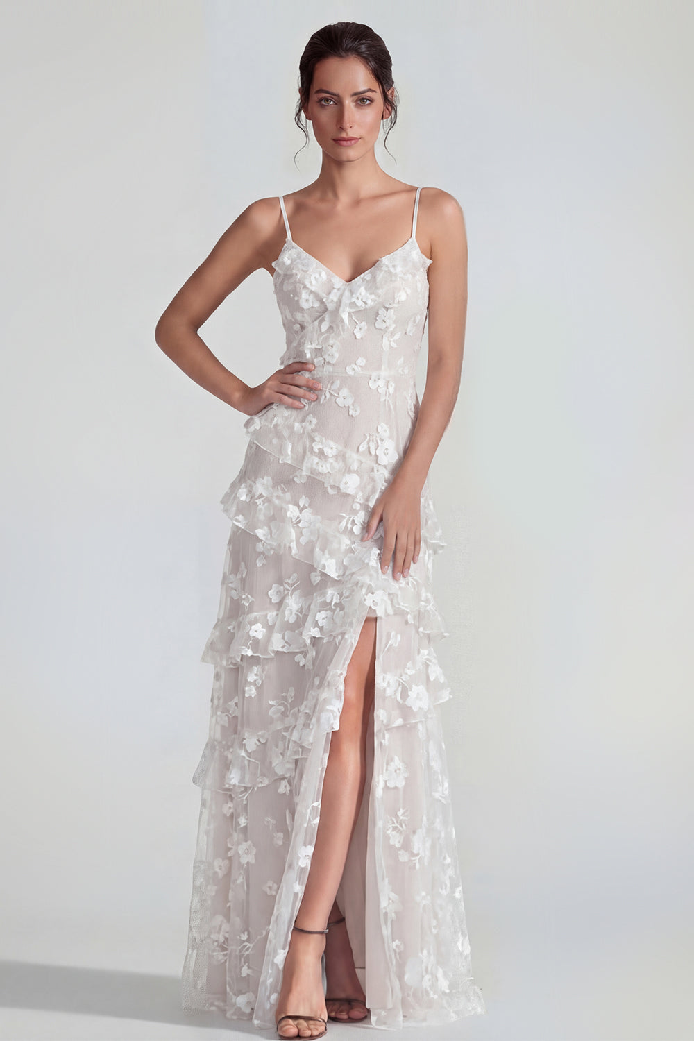 Spaghetti Straps Blue A Line Floral Maxi Wedding Guest Dress with Ruffles