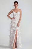 Spaghetti Straps Blue A Line Floral Maxi Wedding Guest Dress with Ruffles