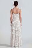 Spaghetti Straps Blue A Line Floral Maxi Wedding Guest Dress with Ruffles