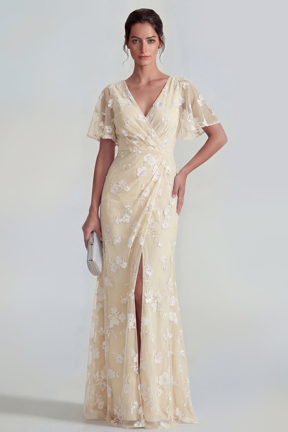 Pink Floral Flutter Sleeves Sheath Maxi Ruched Wedding Guest Dress with Slit