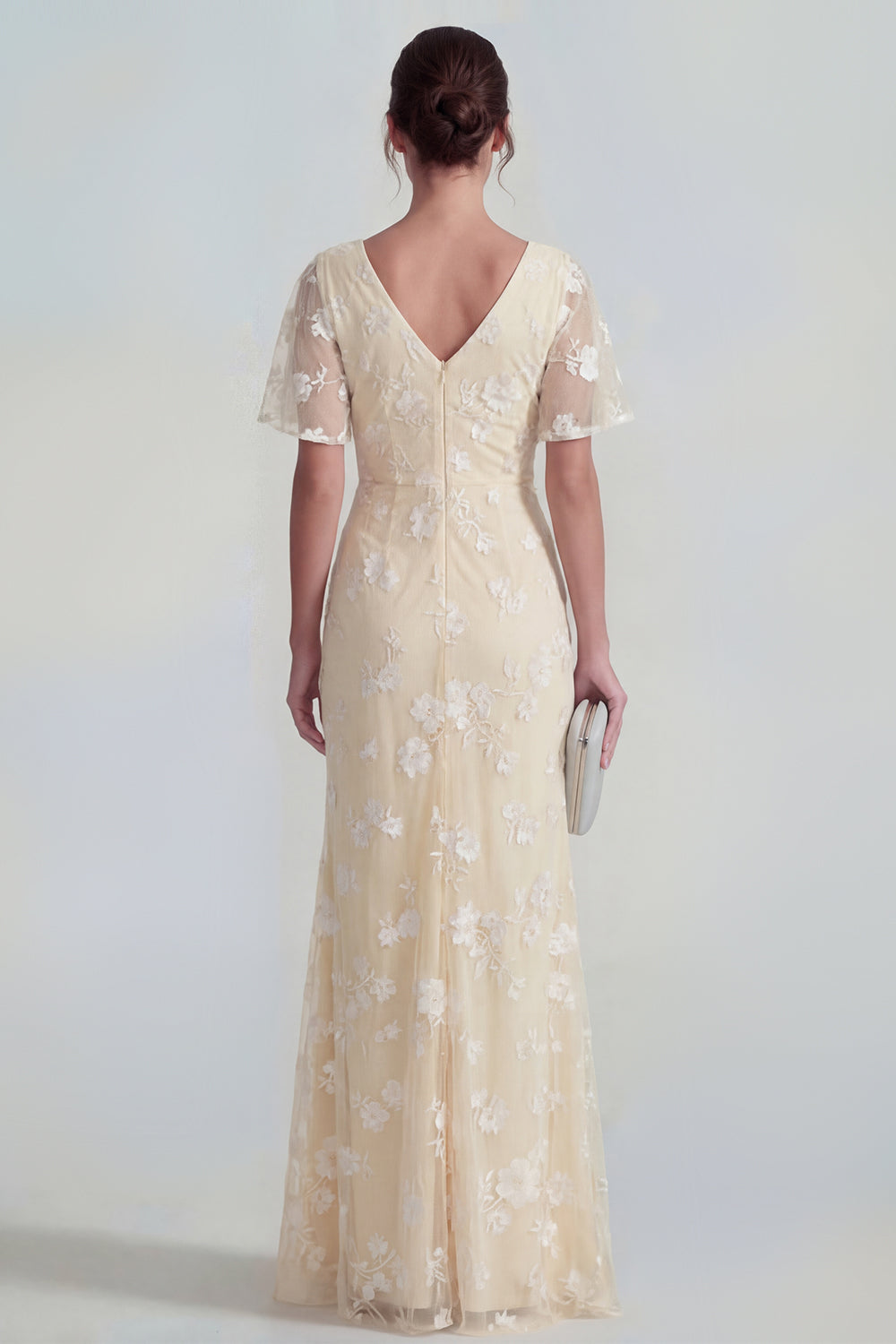 Pink Floral Flutter Sleeves Sheath Maxi Ruched Wedding Guest Dress with Slit